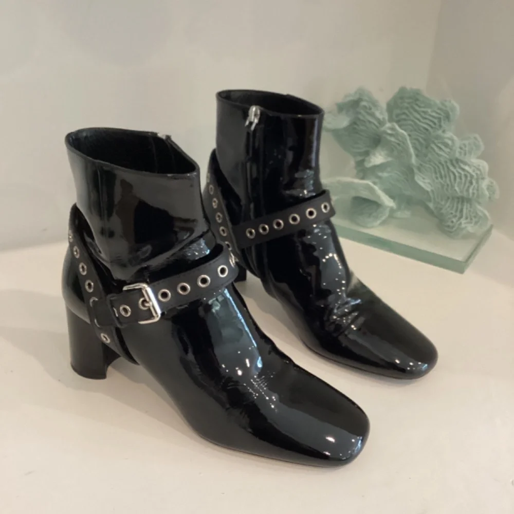 MIU MIU Eyelet Embellished Patent Leather Ankle Boots Black Size 37.5 7